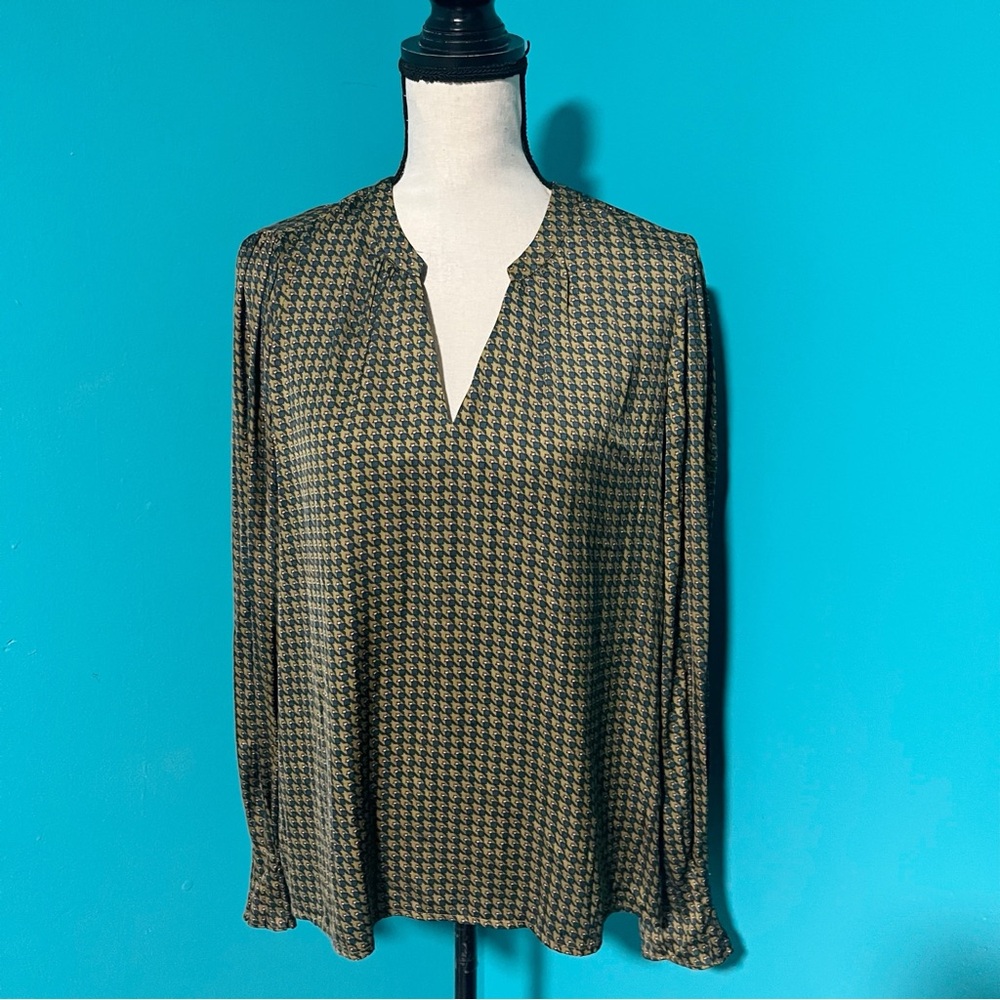 Scotch & Soda Maison Scotch L Green Blue Print Split Neck Long Sleeve Blouse